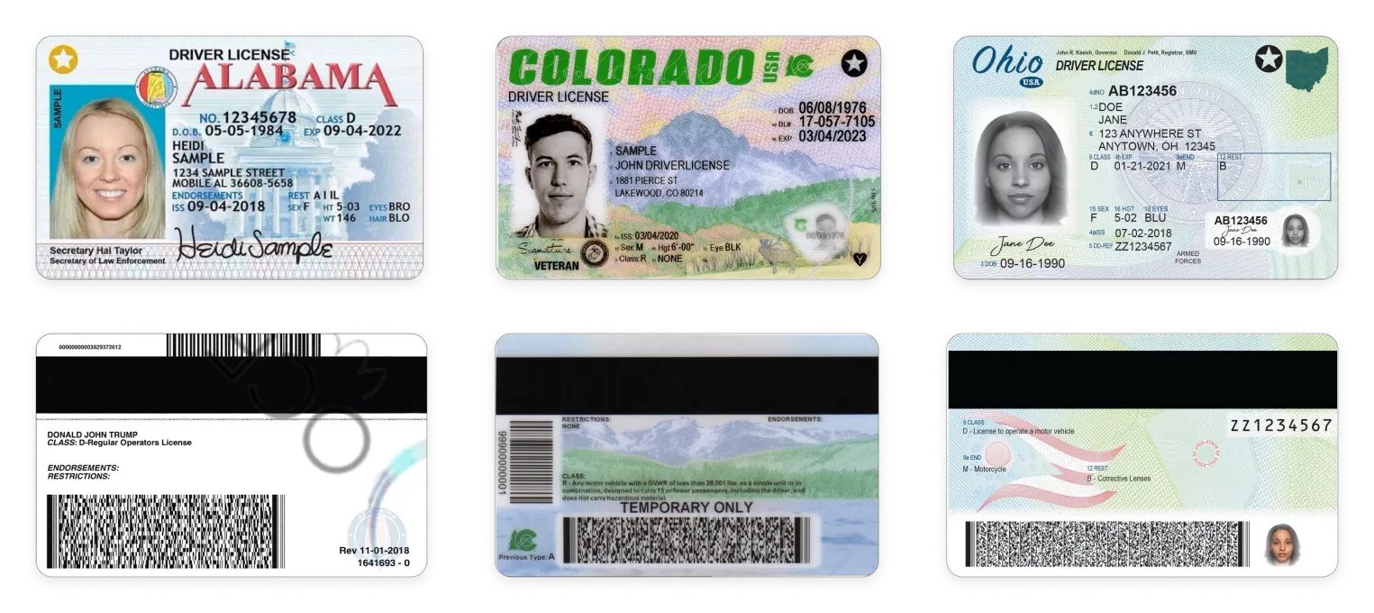 American driving licences from Alabama (Left), Colorado (Center) and Montana (Right)