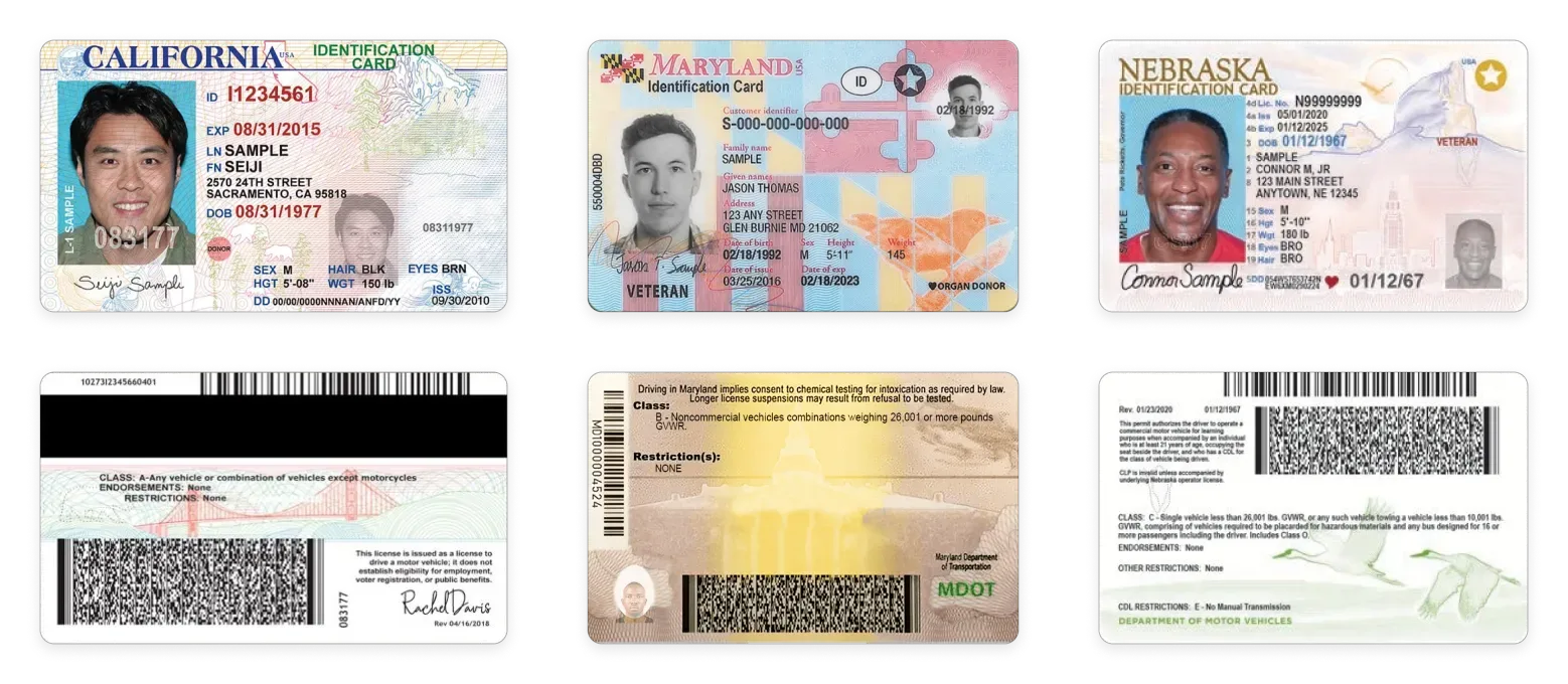 American ID Card from Californa (Left), Maryland (Center) and Nebraska (Right)