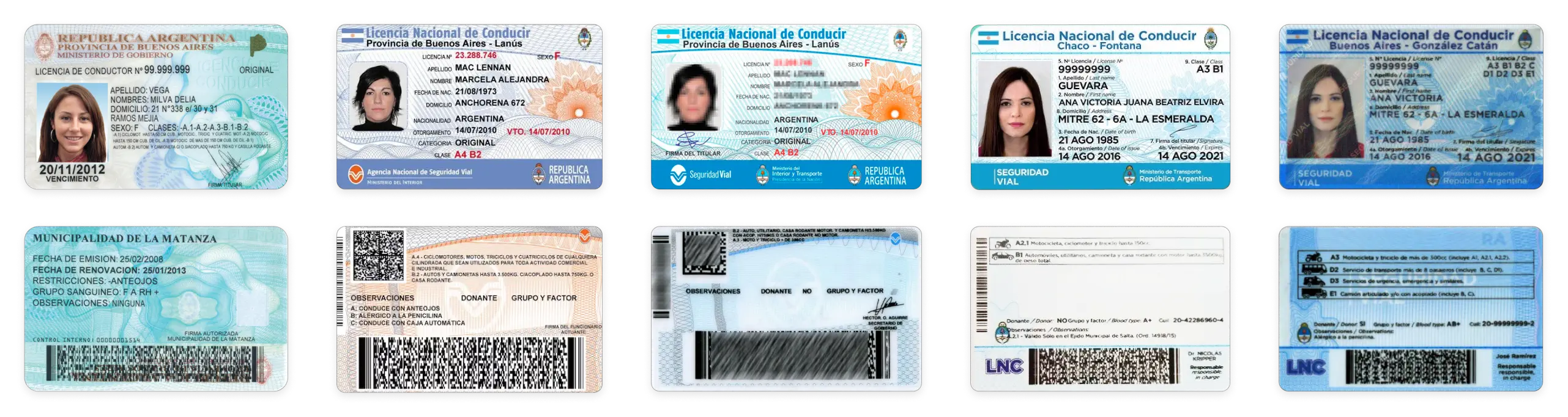 Argentinian driving licences issued in 2008 (Buenos Aires), 2010, 2013 and 2017