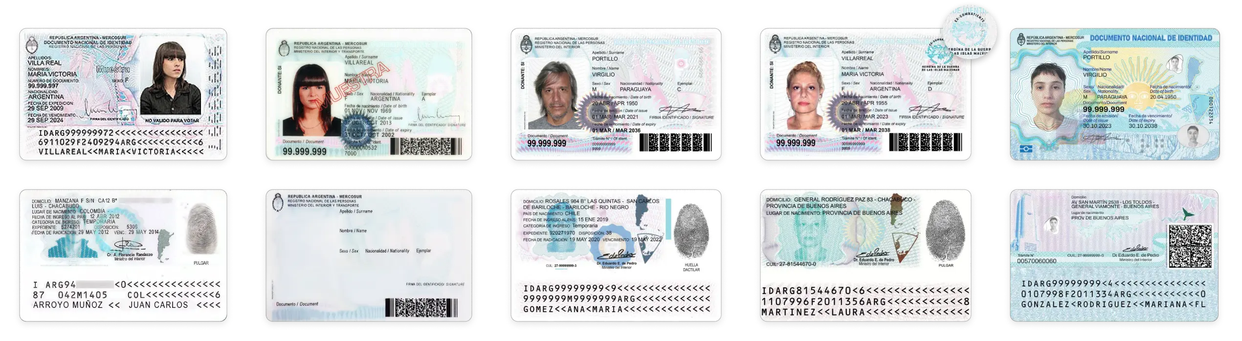 Argentinian ID cards issued in 2009, 2012, 2020, 2020 for Falklands War veterans and 2023