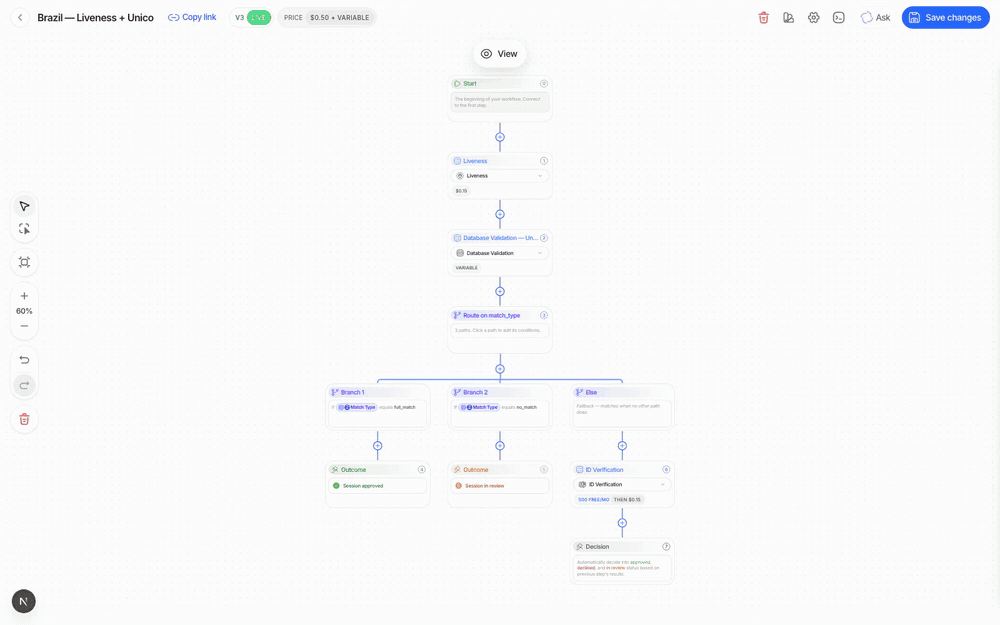 Didit Workflow Builder — Brazil workflow with Unico IDCloud (liveness first, document only as fallback)