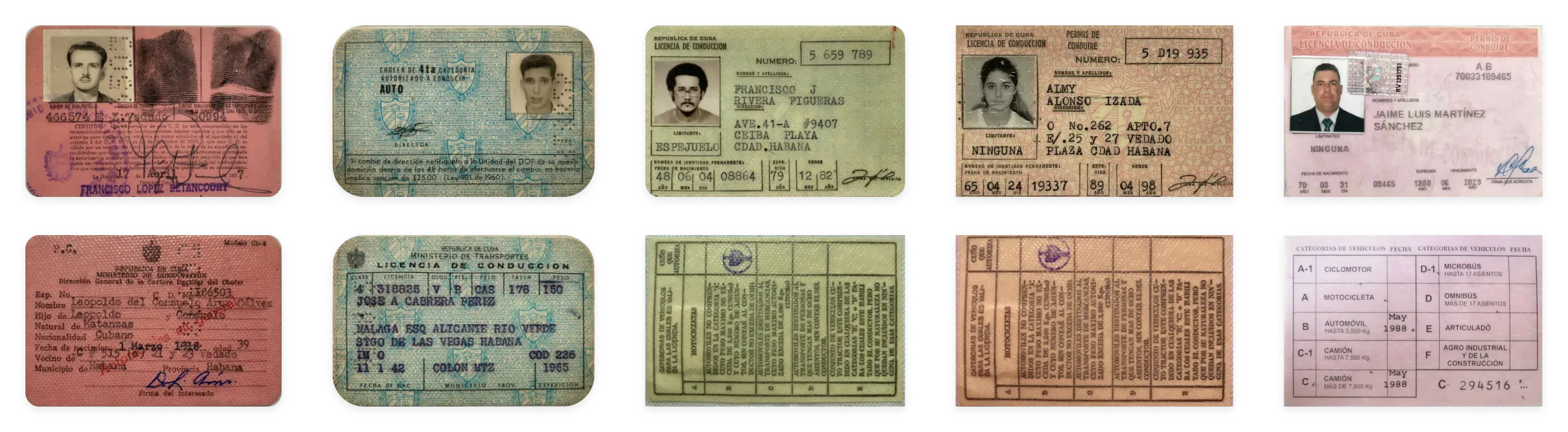 Cuban driving licences issued in 1957, 1965, 1979, 1989 and 2021