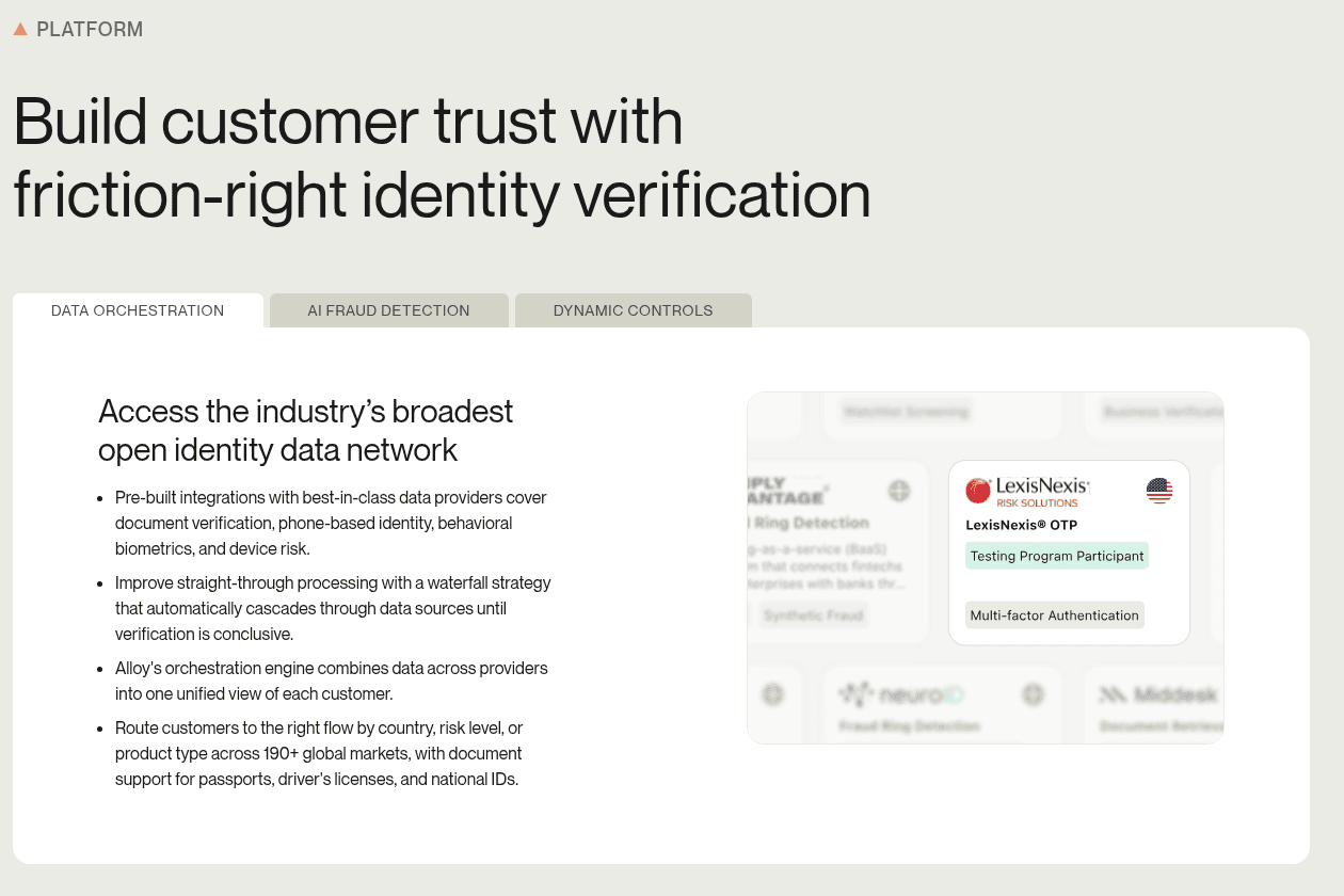 Alloy identity verification page section on its open identity data network with pre-built data-provider integrations