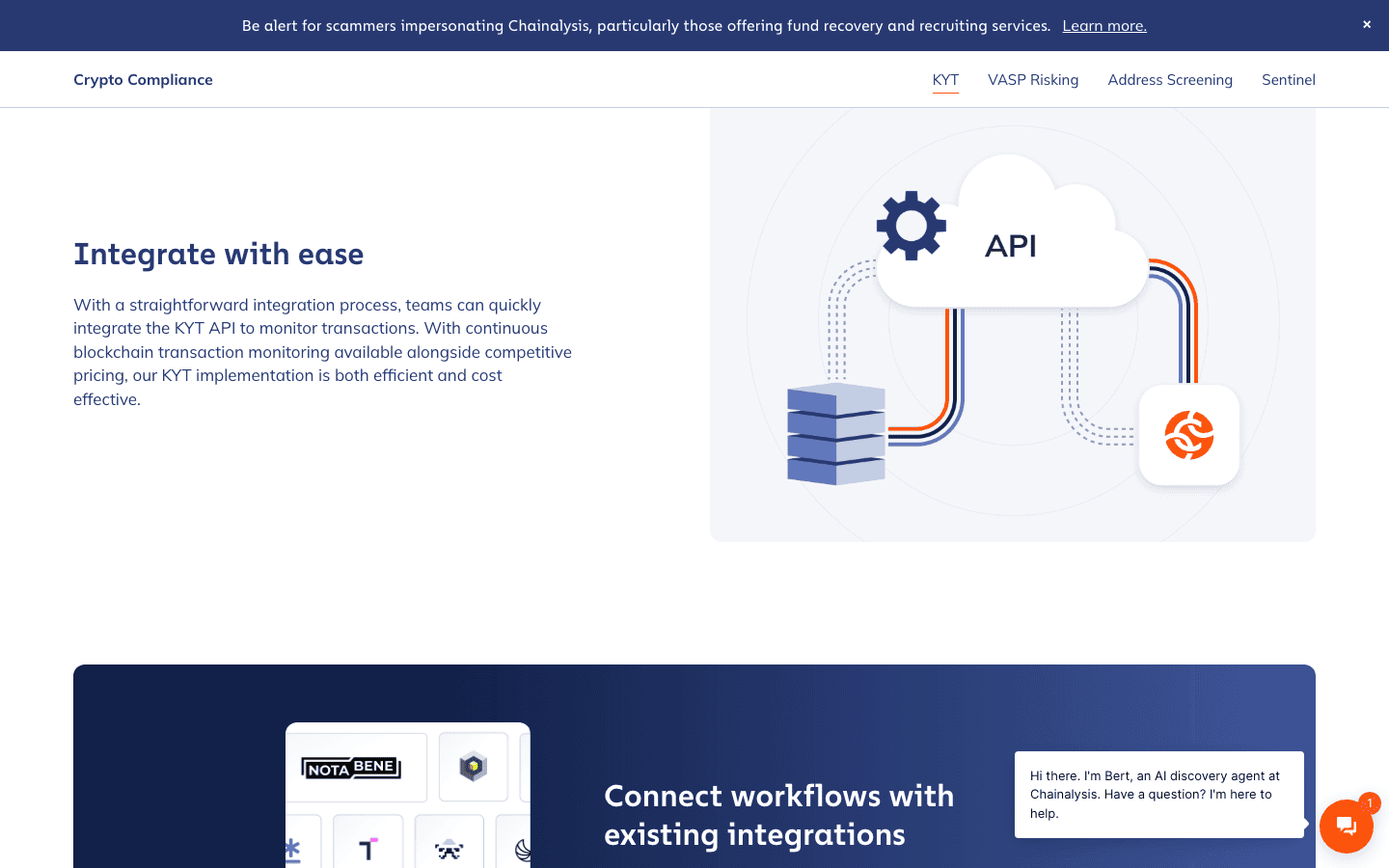 صفحة KYT لدى Chainalysis، قسم Integrate with ease، تذكر أسعارًا تنافسية للمراقبة المستمرة لمعاملات سلاسل الكتل دون عرض أي رقم للسعر
