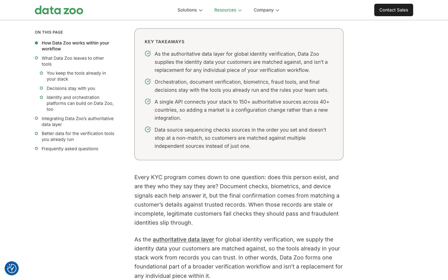 Requadre Key Takeaways d’una pàgina web de Data Zoo: Data Zoo subministra dades d’identitat, mentre que l’orquestració, la verificació de documents, la biometria, les eines de frau i les decisions finals queden a les seves eines