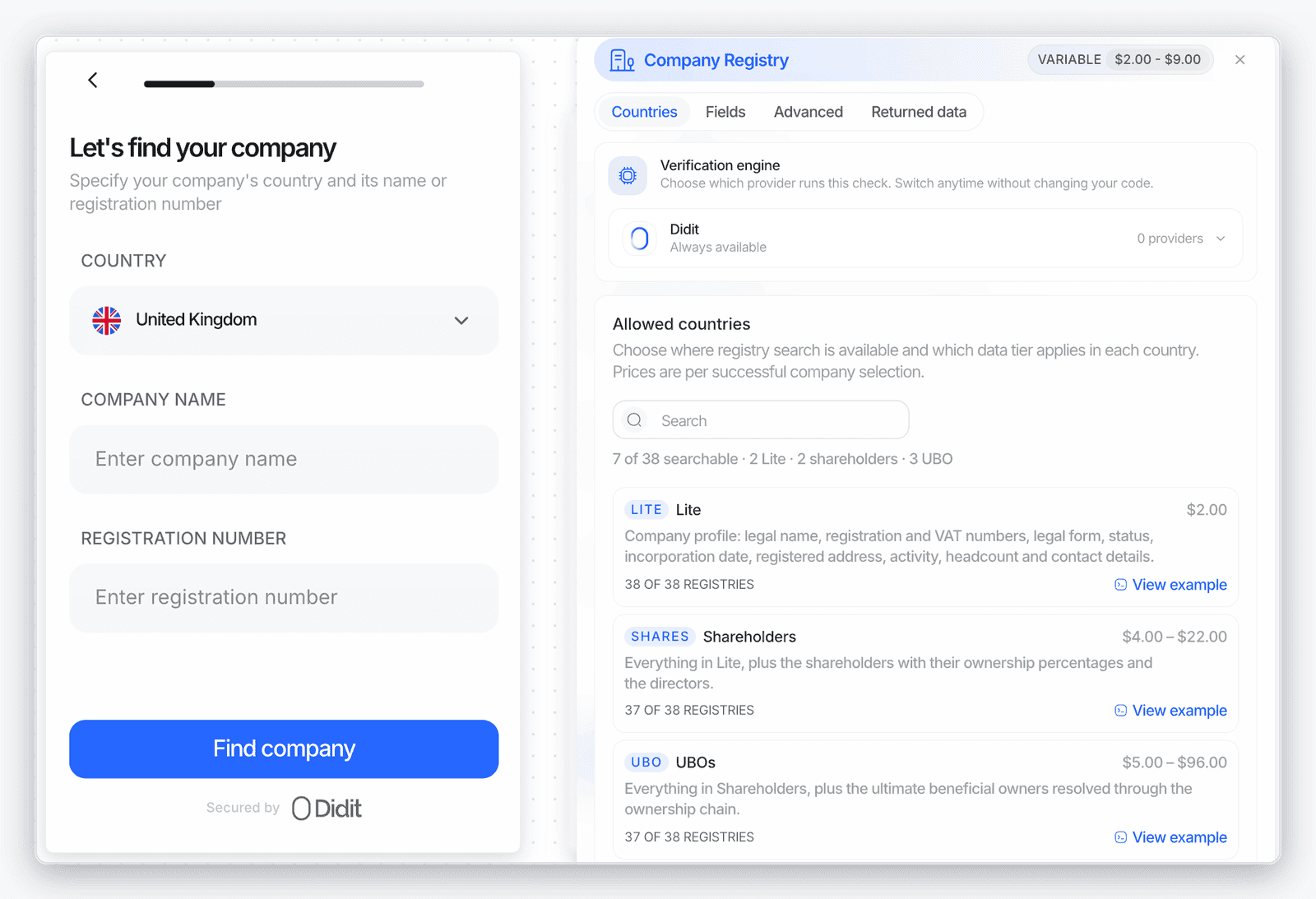 Company Registry step in the workflow editor showing the Lite, Shareholders and UBOs data tiers and registry coverage