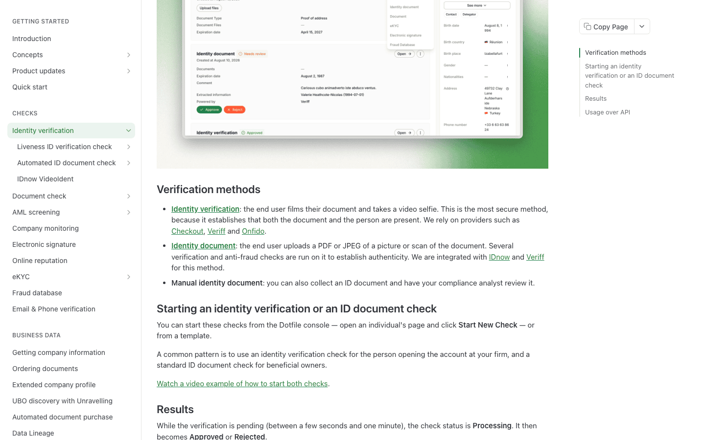 وثائق Dotfile، قسم Verification methods (طرق التحقق): التحقق من الهوية عبر مستند مصوَّر بالفيديو وسيلفي بالفيديو من خلال Checkout أو Veriff أو Onfido؛ ووثائق الهوية عبر IDnow وVeriff