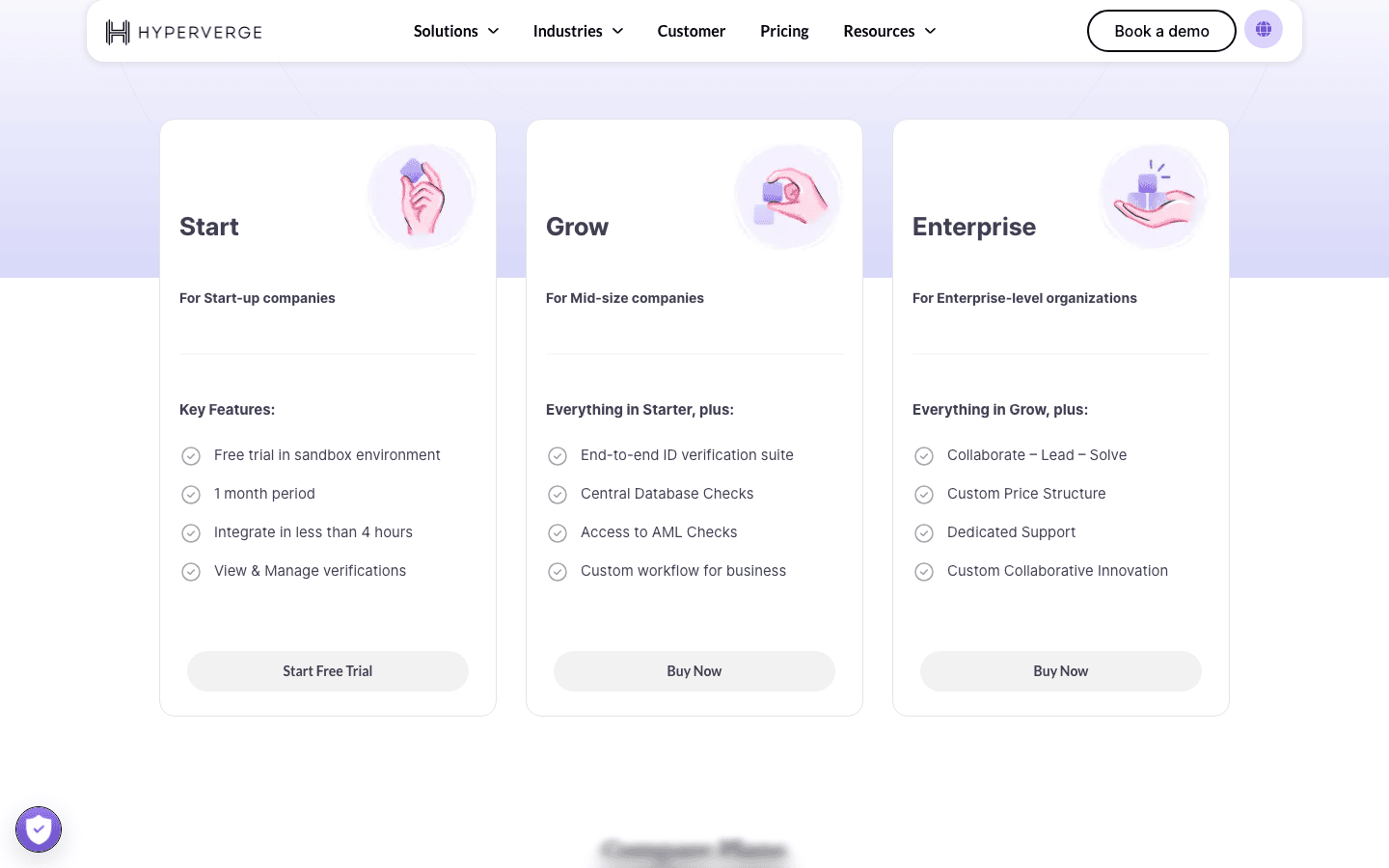 Pàgina de preus de HyperVerge amb les targetes dels plans Start, Grow i Enterprise i sense preus mostrats