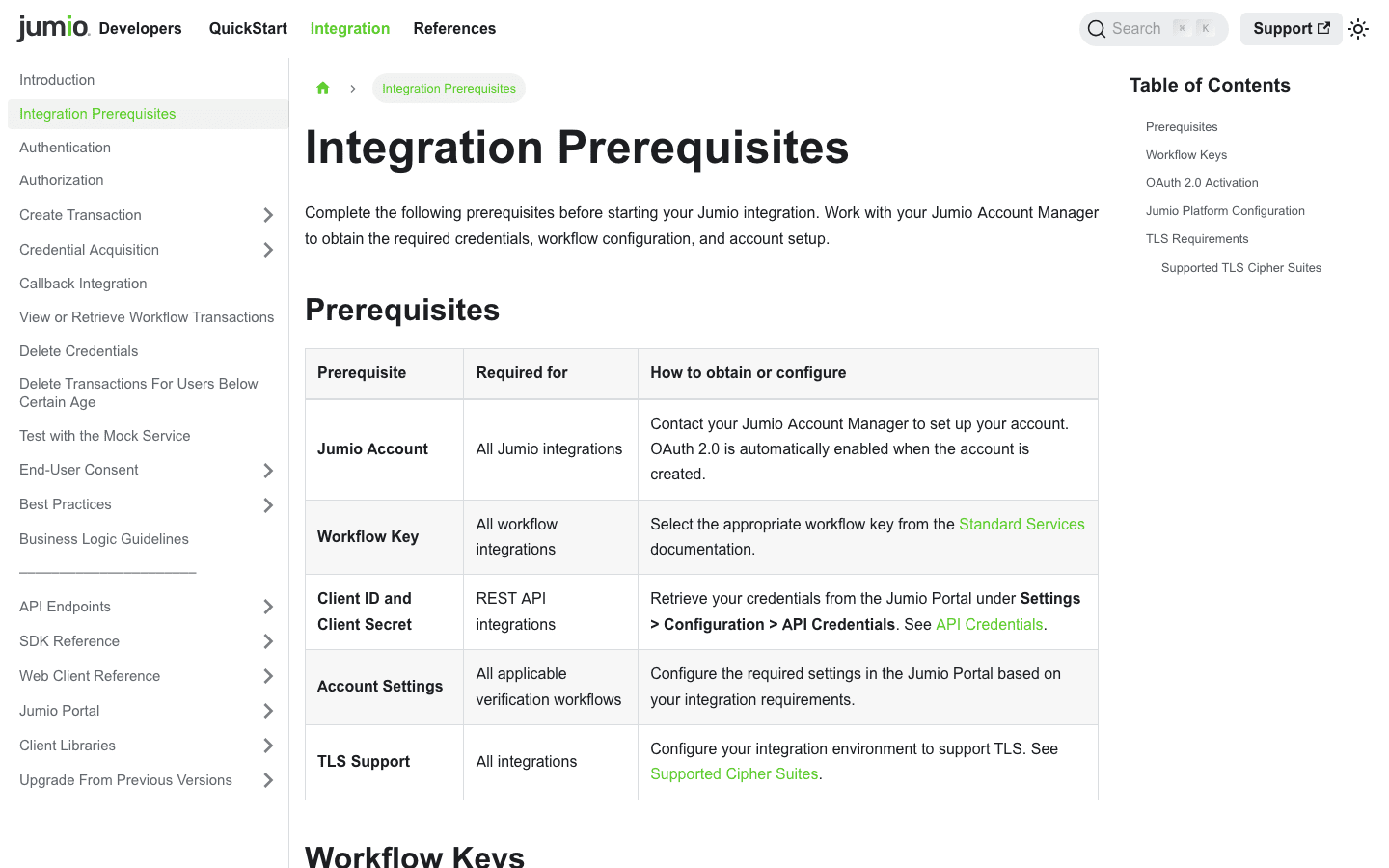 Jumio developer docs, Integration Prerequisites page with the Jumio Account and Workflow Key rows