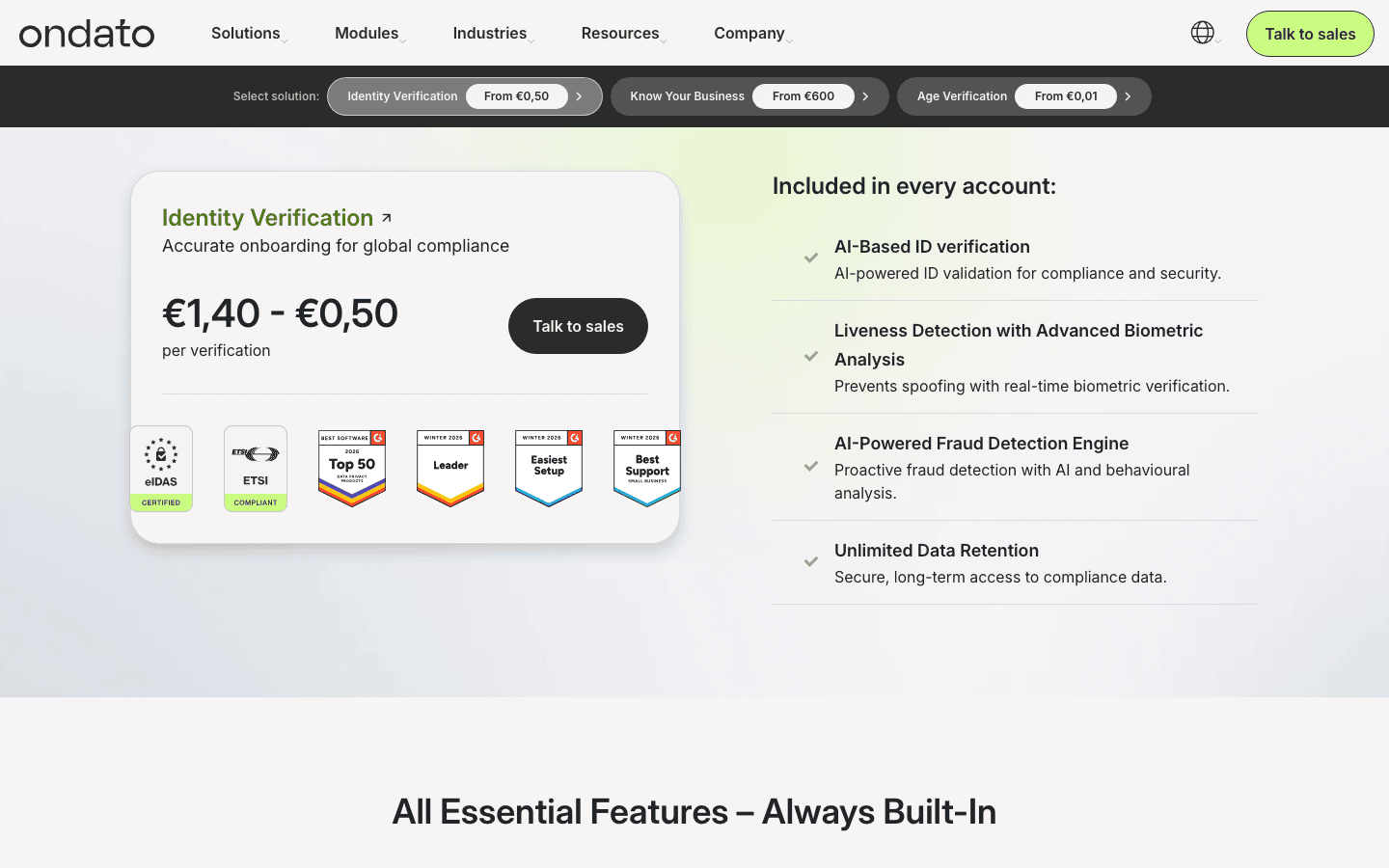 Pàgina de preus d'Ondato amb la verificació d'identitat d'1,40 a 0,50 euros per verificació i Know Your Business des de 600 euros