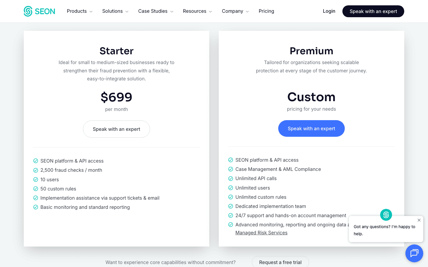 SEON pricing page with the Starter plan at $699 per month including 2,500 fraud checks a month, and a custom-priced Premium plan
