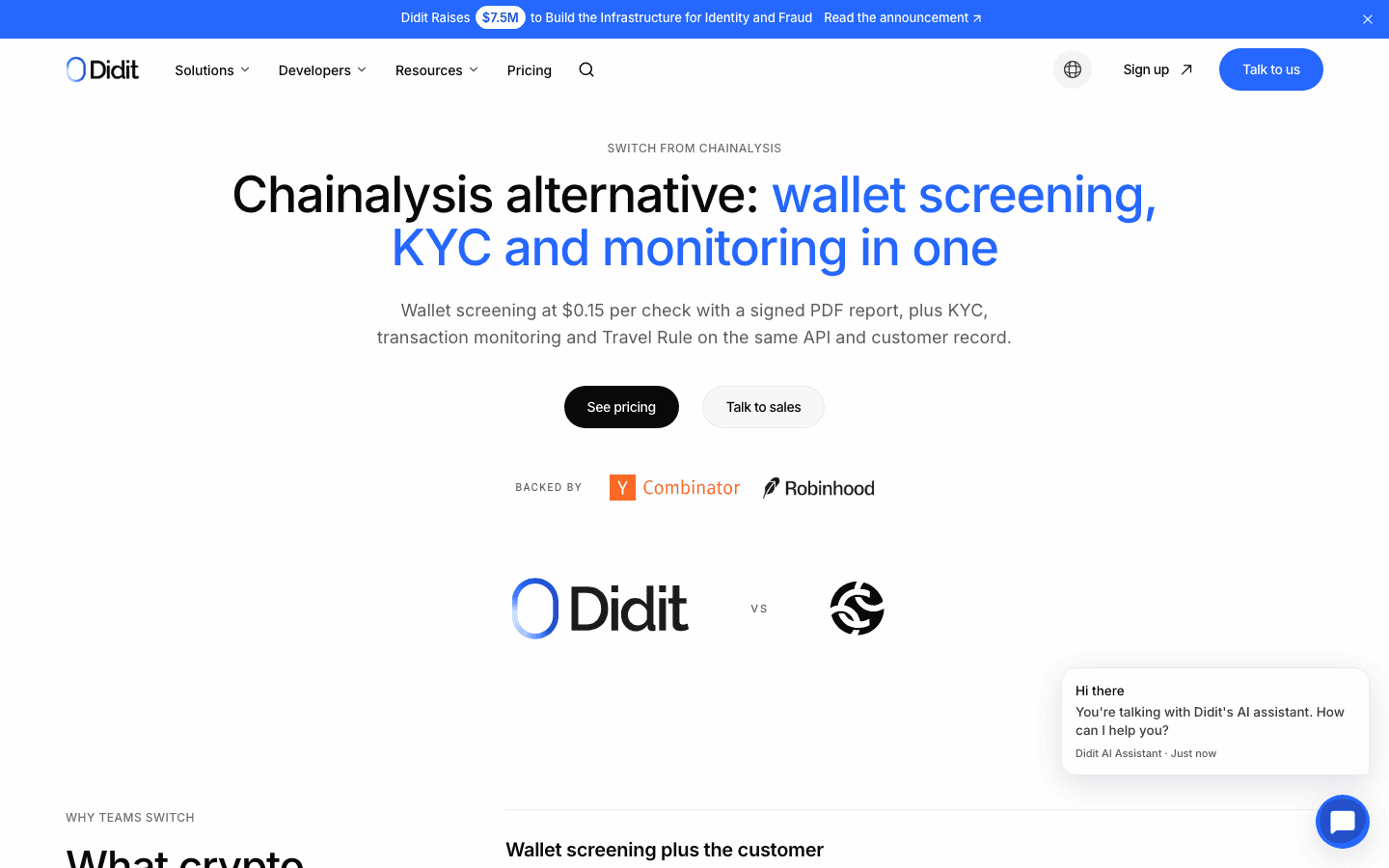 الواجهة الرئيسية لصفحة Didit البديلة لـ Chainalysis: فحص المحافظ وKYC والمراقبة في مكان واحد، مع فحص المحافظ بسعر $0.15 لكل فحص
