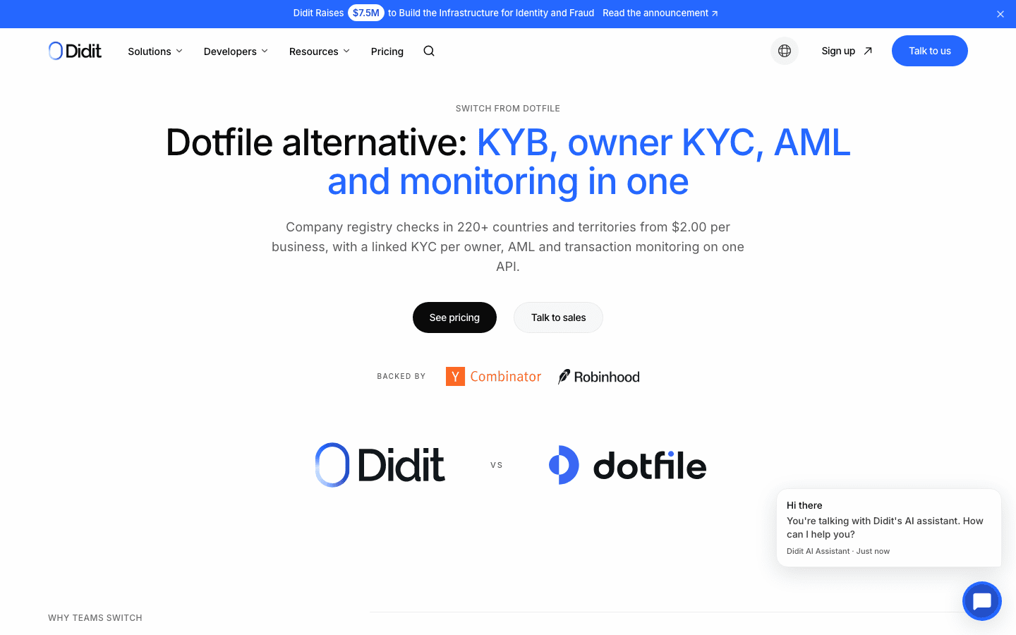 الواجهة الرئيسية لصفحة Didit البديلة لـ Dotfile: KYB وKYC للمالكين وAML والمراقبة، مع فحوصات السجلات في 220+ دولة وإقليمًا بدءًا من $2.00 لكل شركة