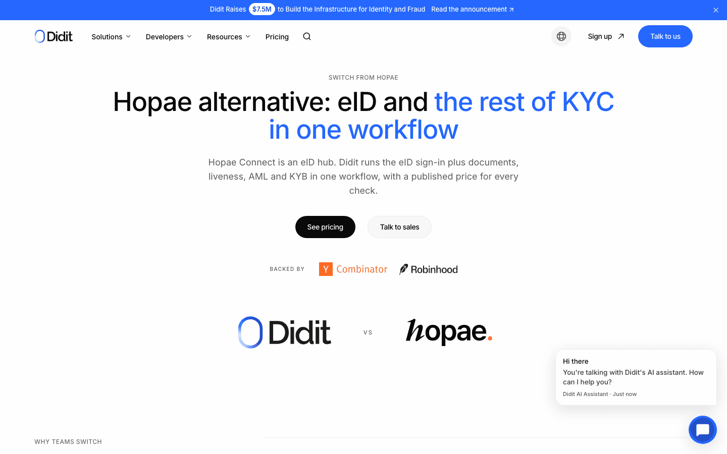 Capçalera de la pàgina d'alternativa a Hopae de Didit: alternativa a Hopae, eID i la resta del KYC en un sol flux de treball.