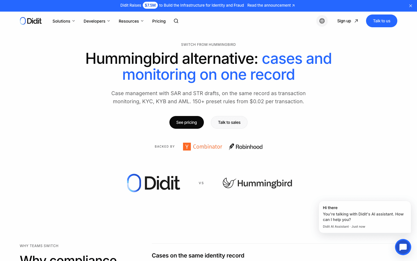 Capçalera de la pàgina d'alternativa a Hummingbird de Didit: casos i monitoratge en un mateix registre, amb esborranys de SAR i STR i 150+ regles predefinides.