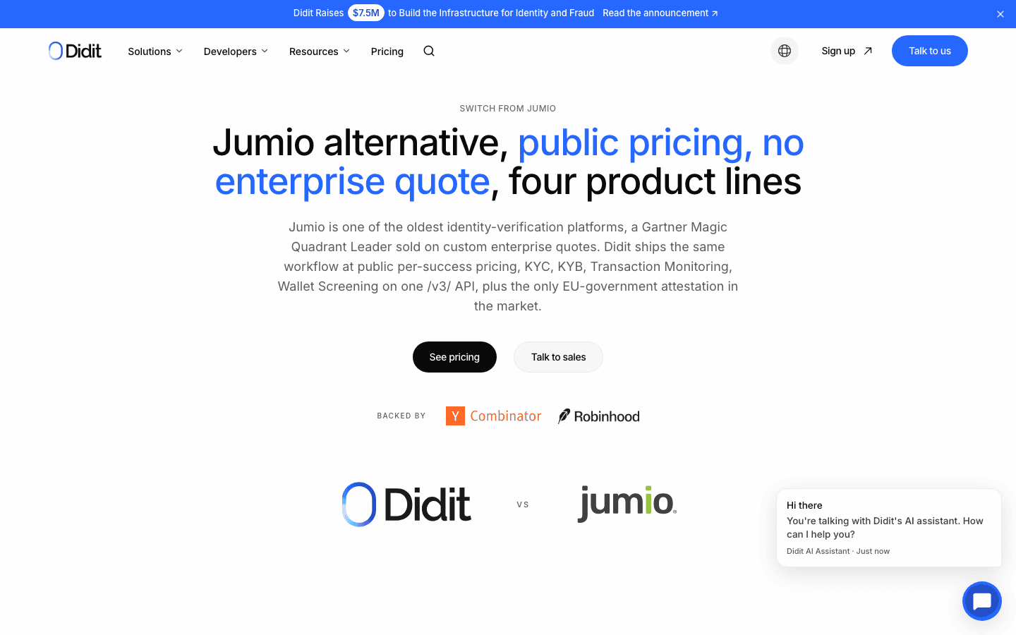 Didit's Jumio alternative page, hero section