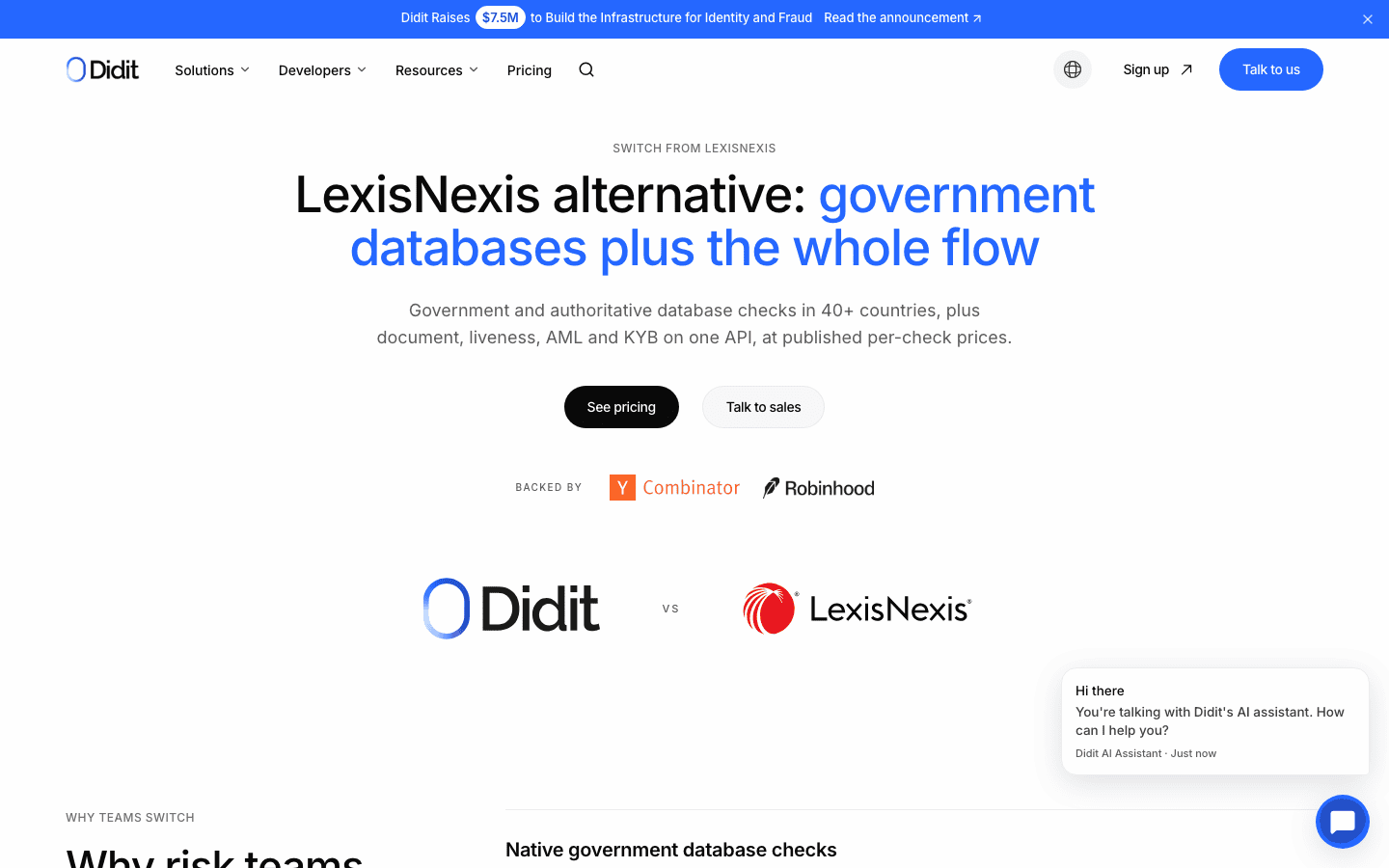 Capçalera de la pàgina d'alternativa a LexisNexis de Didit: bases de dades governamentals més tot el flux, amb document, liveness, AML i KYB en una sola API