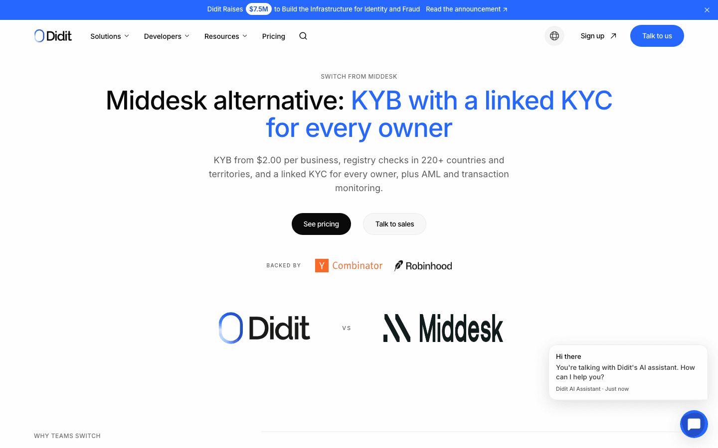 Capçalera de la pàgina d'alternativa a Middesk de Didit: KYB amb un KYC vinculat per a cada propietari, KYB des de $2.00 per empresa i verificacions en registres de 220+ països i territoris