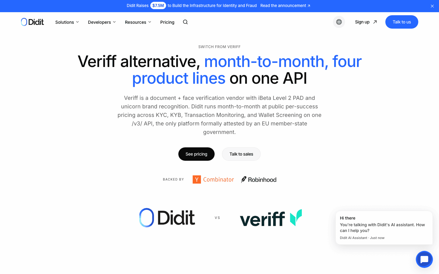 Didit's Veriff alternative page, hero section