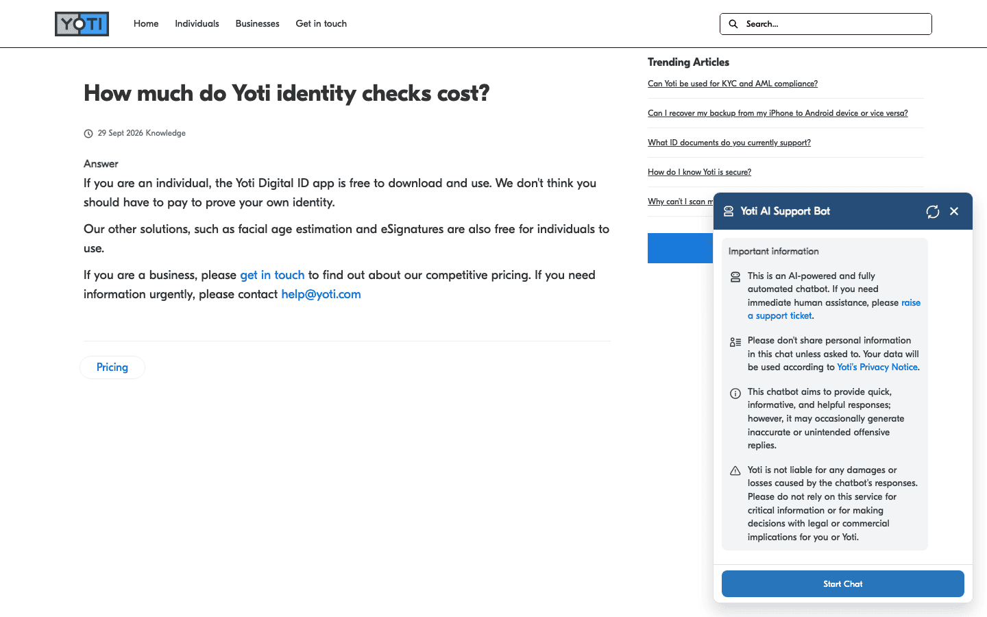 Article del centre d'ajuda de Yoti Quant costen les comprovacions d'identitat de Yoti