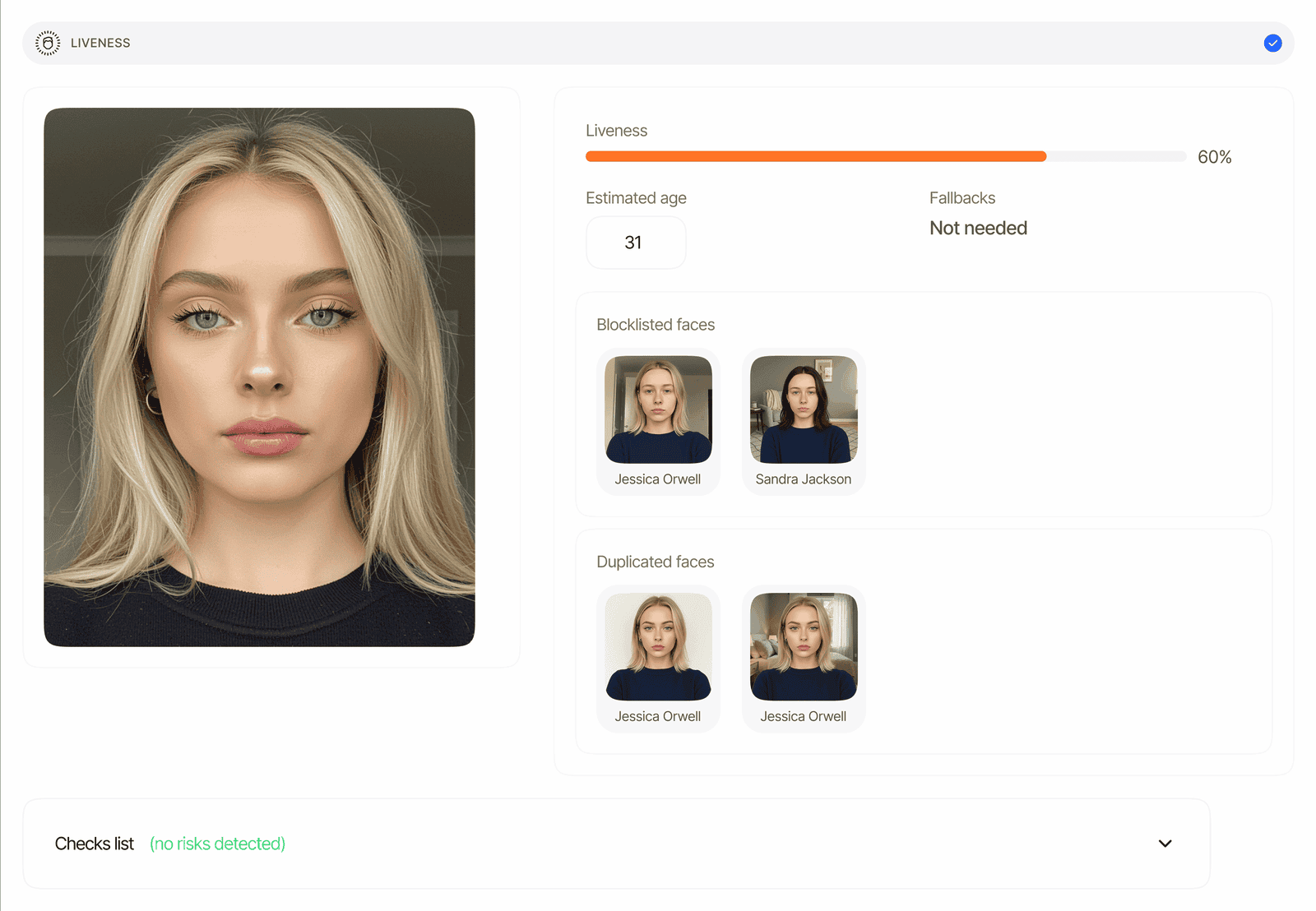 Didit liveness result in the console: selfie, liveness score, estimated age, blocklisted faces and duplicated faces