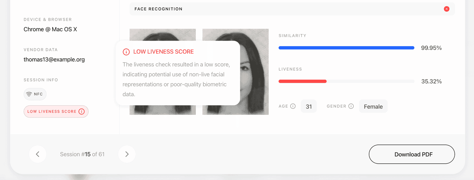 Didit session result with a low liveness score warning, face match similarity, liveness score, age and device