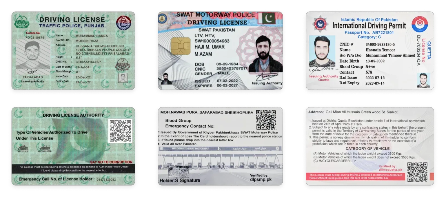 Pakistani driving licenses: Punjab Region (left), Swat District (middle), Quetta City (right)