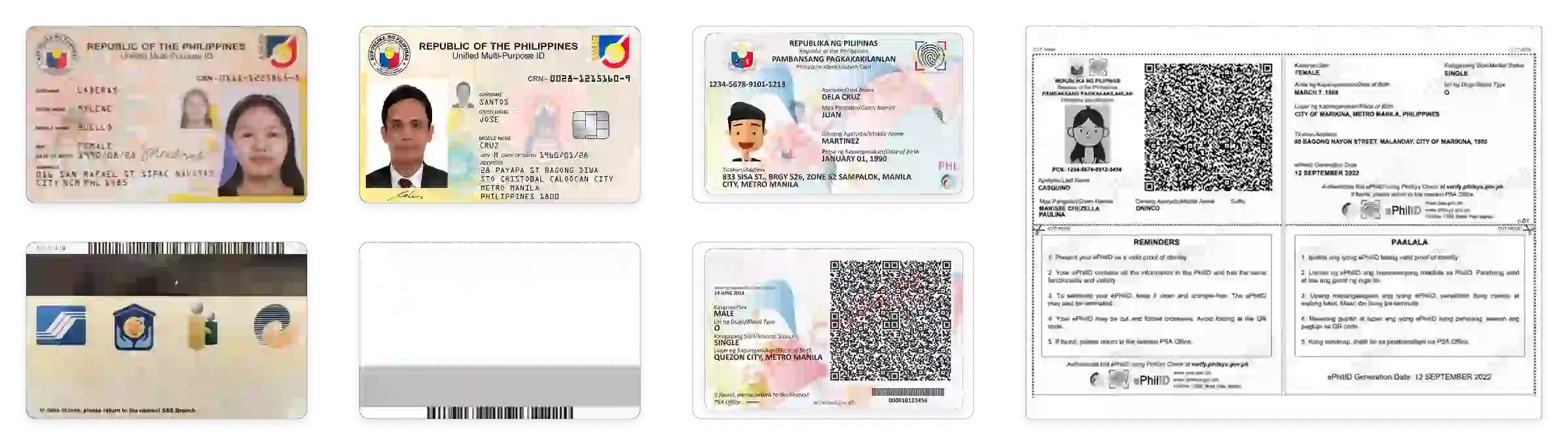 Philippine ID card issued in 2011 and 2016 (left); Philippine ID card (PhilID) issued in 2019 (third) and ePhilID hsas the same functionality and validity as the physical card (right).