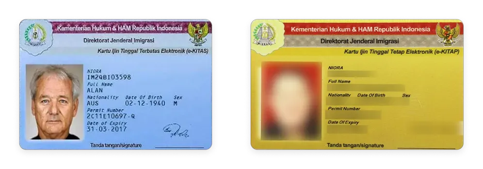 Indonesian residence permits. Temporary (left) and permanent (right).