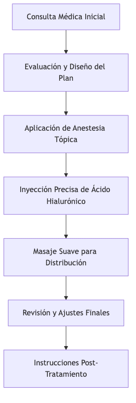 Diagrama de flujo del procedimiento de relleno de labios con ácido hialurónico.
