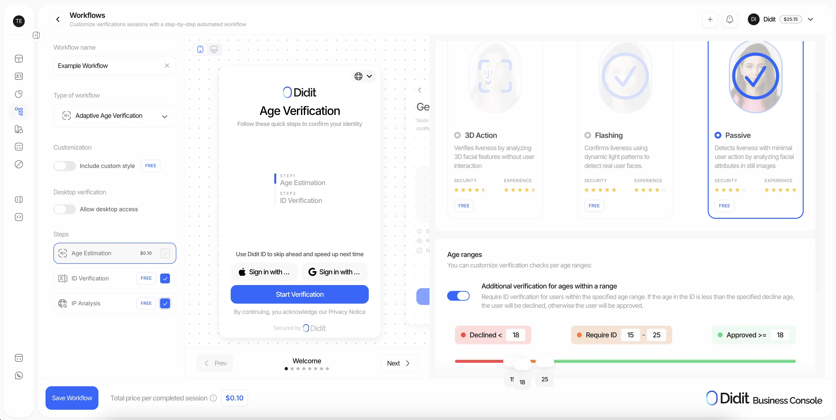 Liveness checks are fully customizable: 3D Action, Flashing, or Passive.