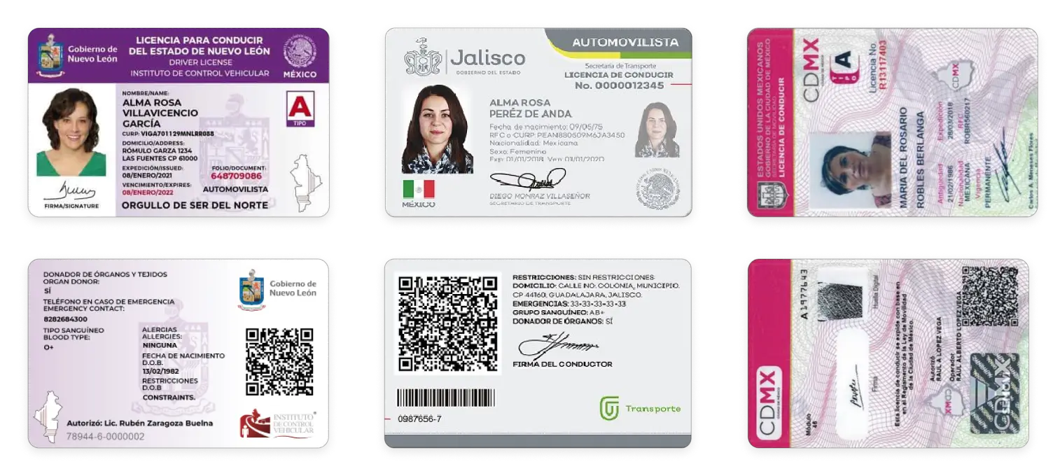 Mexican driving licences from different states: Nuevo Leon (left), Jalisco (middle), CDMX (right)