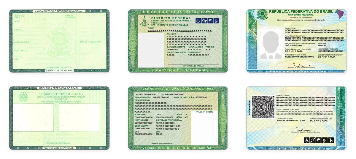Brazilian ID cards issued before 1983, in 2020, and in 2023.