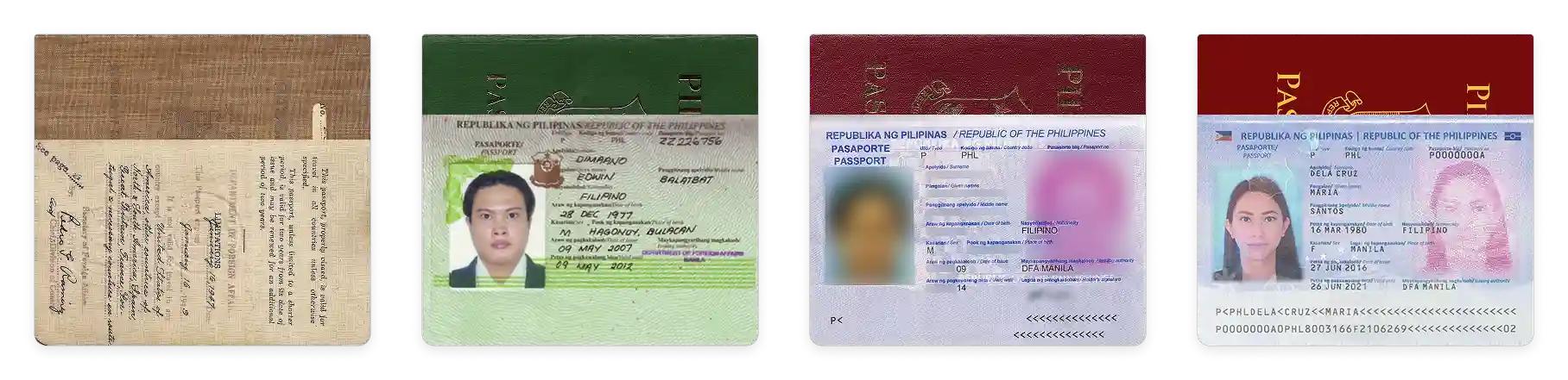 Philippine passports issued in 1946, 2007, 2009 and 2016