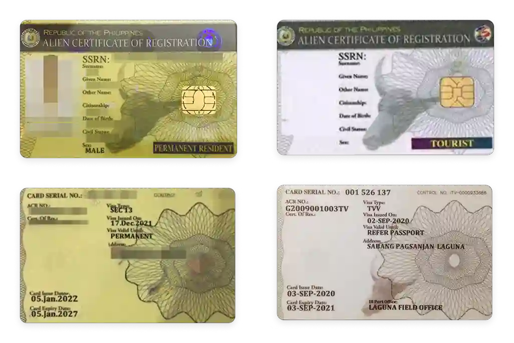 Two of the more than 10 types of residence permits in the Philippines. Permanent Resident Visa (left) and Tourist Visa (right).