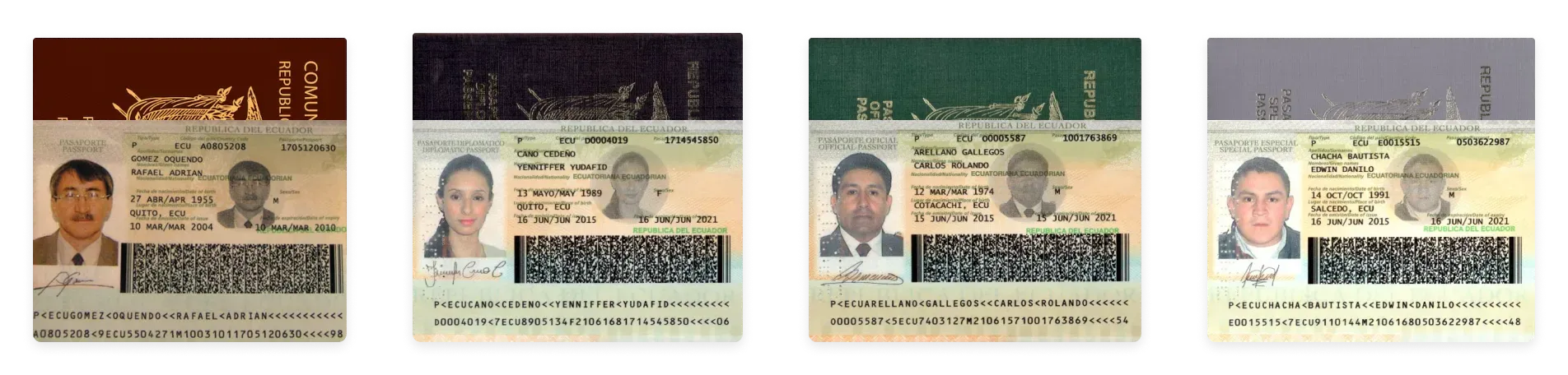 Four types of Ecuadorian passports: Ordinary Passport, Diplomatic Passport, Official Passport and Special Passport